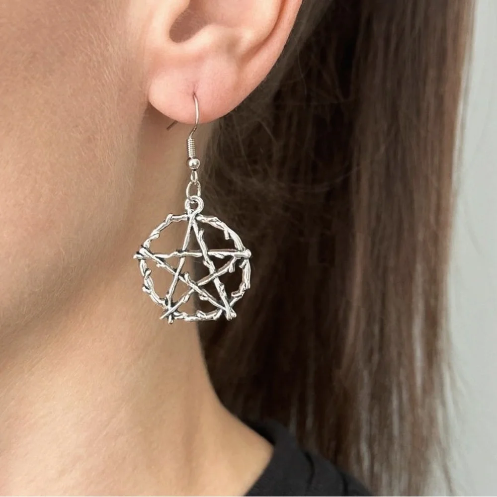 Silver Barbed Wire Pentagram Drop Earrings